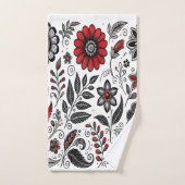 Doodle bloemen en bladeren in rood en zwart bad handdoek (Handdoek)