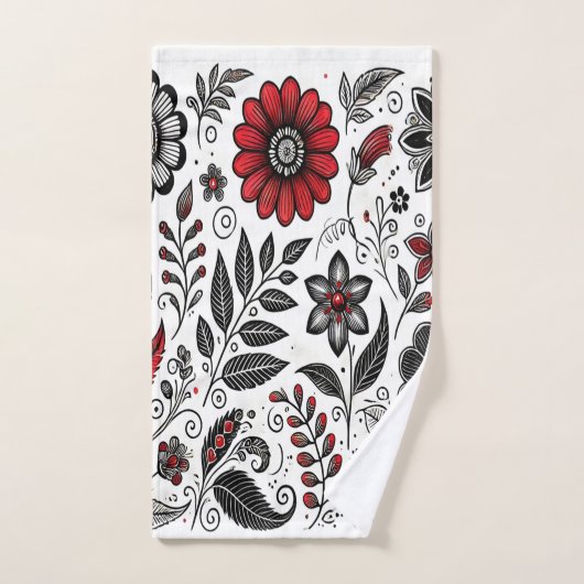 Doodle bloemen en bladeren in rood en zwart bad handdoek (Handdoek)