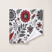 Doodle bloemen en bladeren in rood en zwart bad handdoek (Wasdoekje)
