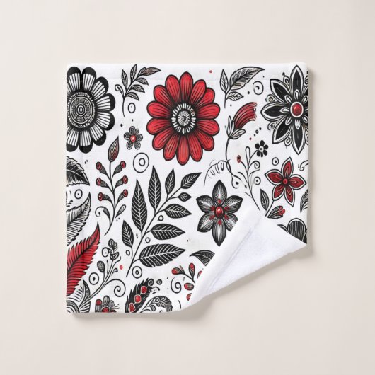 Doodle bloemen en bladeren in rood en zwart bad handdoek (Wasdoekje)