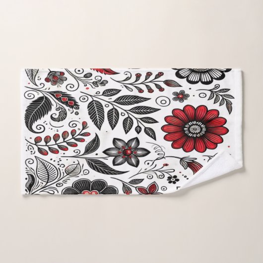 Doodle bloemen en bladeren in rood en zwart bad handdoek (Handdoek)