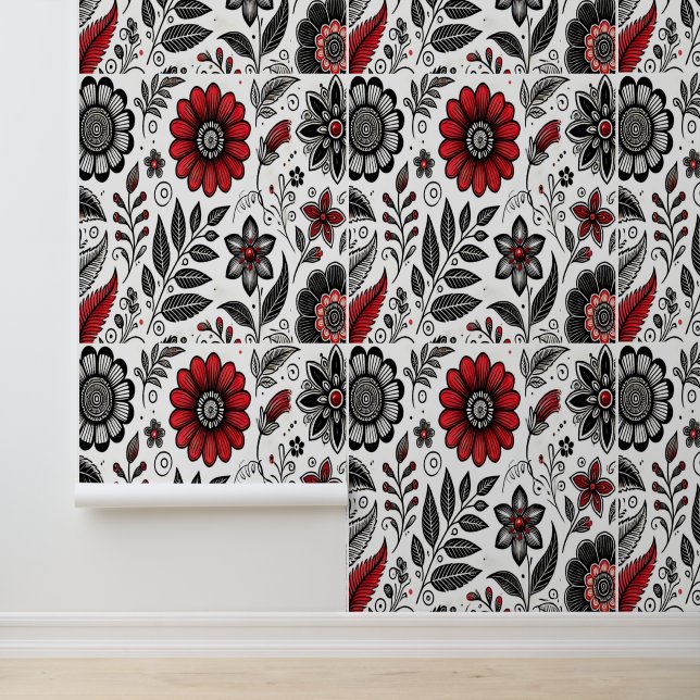 Doodle bloemen en bladeren in rood en zwart behang (Applicatie)