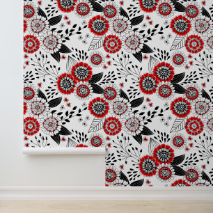 Doodle bloemen en bladeren in rood en zwart behang