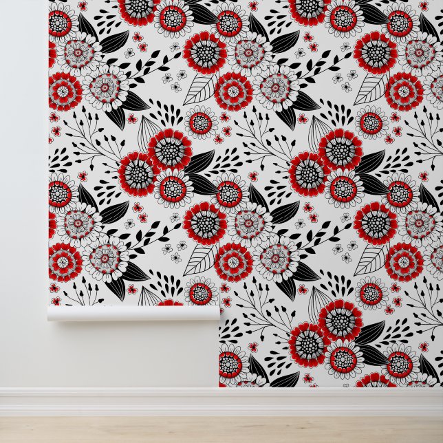 Doodle bloemen en bladeren in rood en zwart behang (Applicatie)
