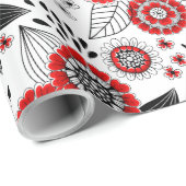 Doodle bloemen en bladeren in rood en zwart cadeaupapier (Rol Hoek)