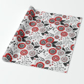 Doodle bloemen en bladeren in rood en zwart cadeaupapier (Uitgerold)