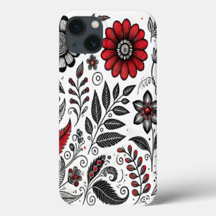 Doodle bloemen en bladeren in rood en zwart Case-Mate iPhone case