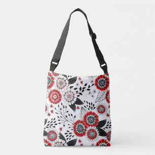 Doodle bloemen en bladeren in rood en zwart crossbody tas