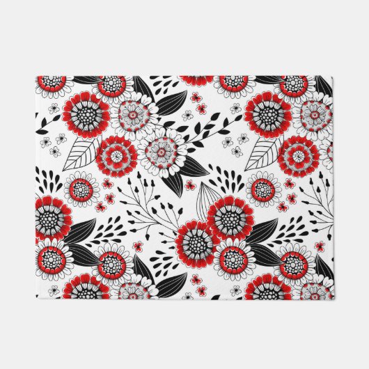 Doodle bloemen en bladeren in rood en zwart deurmat (Voorkant)