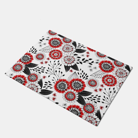Doodle bloemen en bladeren in rood en zwart deurmat (Schuin)