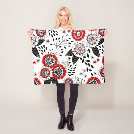 Doodle bloemen en bladeren in rood en zwart fleece deken (In situ)