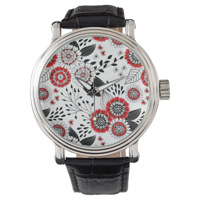 Doodle bloemen en bladeren in rood en zwart horloge (Voorkant)