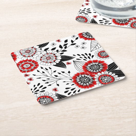 Doodle bloemen en bladeren in rood en zwart kartonnen onderzetters (Schuin)