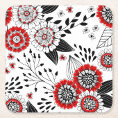 Doodle bloemen en bladeren in rood en zwart kartonnen onderzetters (Voorkant)