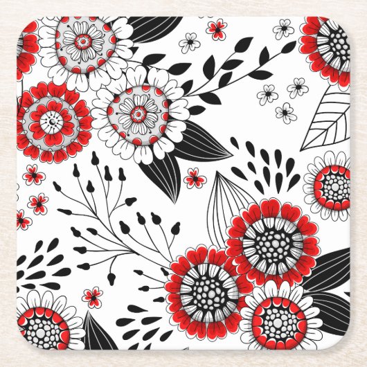 Doodle bloemen en bladeren in rood en zwart kartonnen onderzetters (Voorkant)