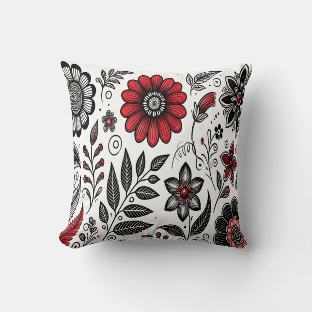Doodle bloemen en bladeren in rood en zwart kussen (Voorkant)