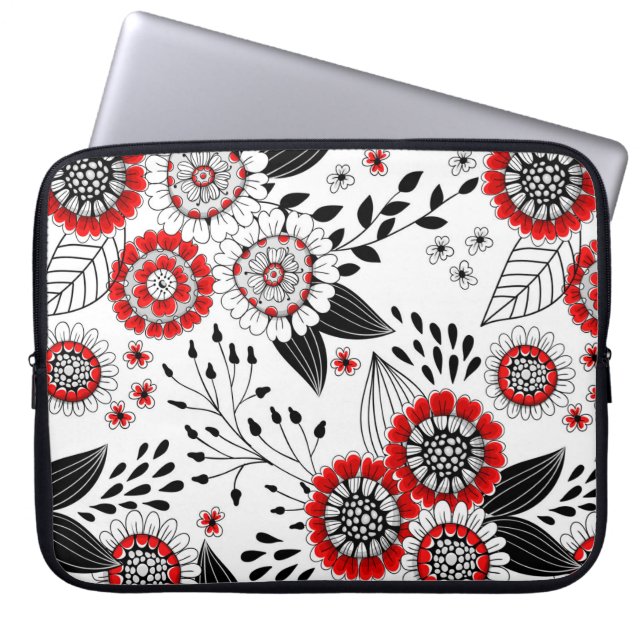Doodle bloemen en bladeren in rood en zwart laptop sleeve (Voorkant)