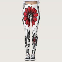 Doodle bloemen en bladeren in rood en zwart leggings