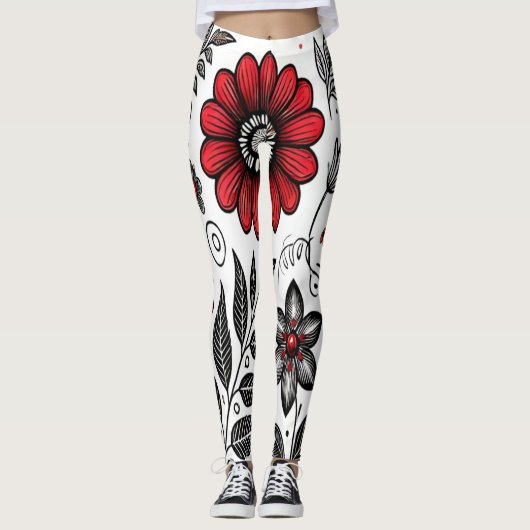 Doodle bloemen en bladeren in rood en zwart leggings (Voorkant)