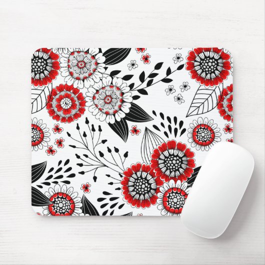 Doodle bloemen en bladeren in rood en zwart muismat (Met muis)