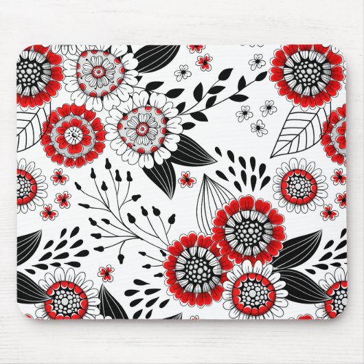 Doodle bloemen en bladeren in rood en zwart muismat (Voorkant)