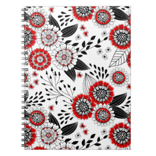 Doodle bloemen en bladeren in rood en zwart notitieboek