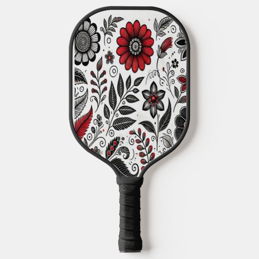 Doodle bloemen en bladeren in rood en zwart pickleball paddle (Voorkant)