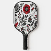 Doodle bloemen en bladeren in rood en zwart pickleball paddle (Achterkant)