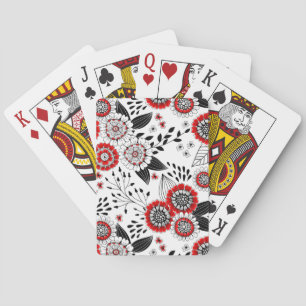 Doodle bloemen en bladeren in rood en zwart pokerkaarten