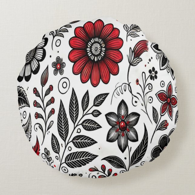 Doodle bloemen en bladeren in rood en zwart rond kussen (Achterkant)