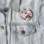 Doodle bloemen en bladeren in rood en zwart ronde button 5,7 cm (In situ)