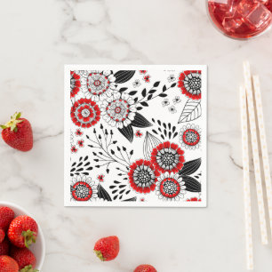 Doodle bloemen en bladeren in rood en zwart servet