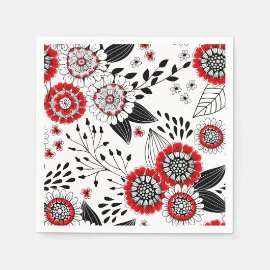 Doodle bloemen en bladeren in rood en zwart servet (Voorkant)