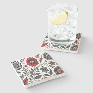 Doodle bloemen en bladeren in rood en zwart stenen onderzetter