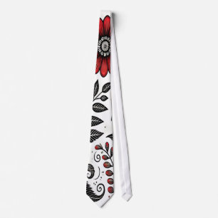 Doodle bloemen en bladeren in rood en zwart stropdas