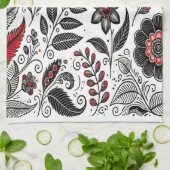 Doodle bloemen en bladeren in rood en zwart theedoek (Gevouwen)