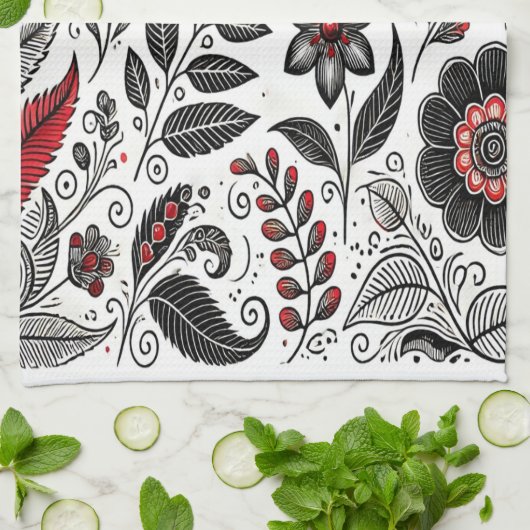 Doodle bloemen en bladeren in rood en zwart theedoek (Gevouwen)