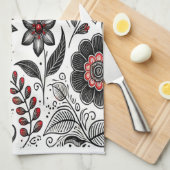 Doodle bloemen en bladeren in rood en zwart theedoek (Quarter Fold)
