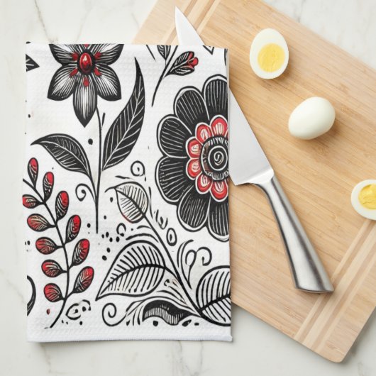 Doodle bloemen en bladeren in rood en zwart theedoek (Quarter Fold)