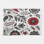 Doodle bloemen en bladeren in rood en zwart theedoek (Horizontaal)