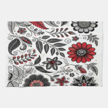 Doodle bloemen en bladeren in rood en zwart