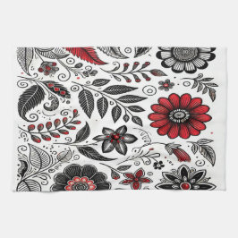 Doodle bloemen en bladeren in rood en zwart theedoek