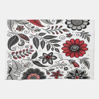 Doodle bloemen en bladeren in rood en zwart theedoek