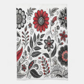 Doodle bloemen en bladeren in rood en zwart theedoek (Verticaal)