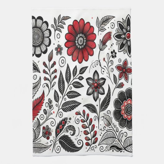 Doodle bloemen en bladeren in rood en zwart theedoek (Verticaal)