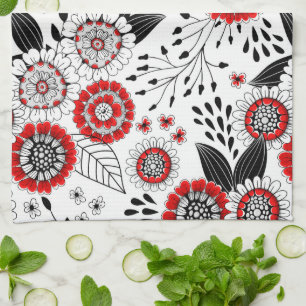 Doodle bloemen en bladeren in rood en zwart theedoek