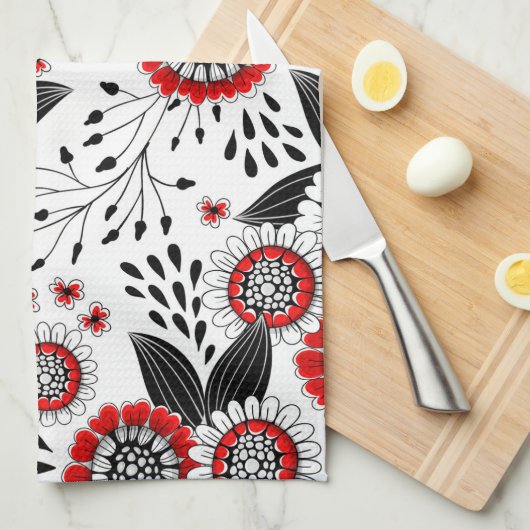 Doodle bloemen en bladeren in rood en zwart theedoek (Quarter Fold)