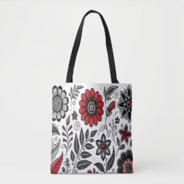 Doodle bloemen en bladeren in rood en zwart tote bag