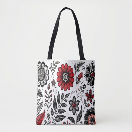 Doodle bloemen en bladeren in rood en zwart tote bag (Voorkant)