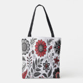 Doodle bloemen en bladeren in rood en zwart tote bag (Achterkant)